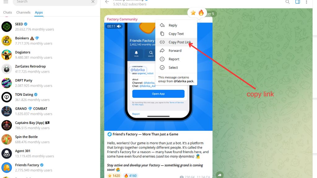 like/cảm xúc posts Telegram
