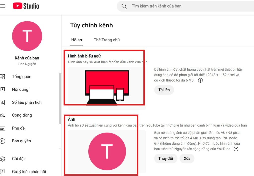 chỉnh sửa hồ sơ kênh youtube