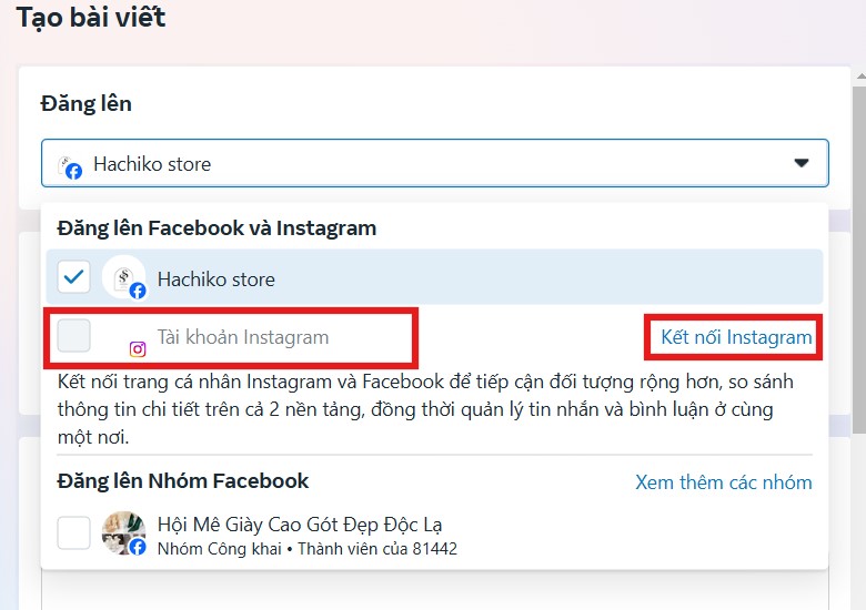 kết nối instagram và facebook