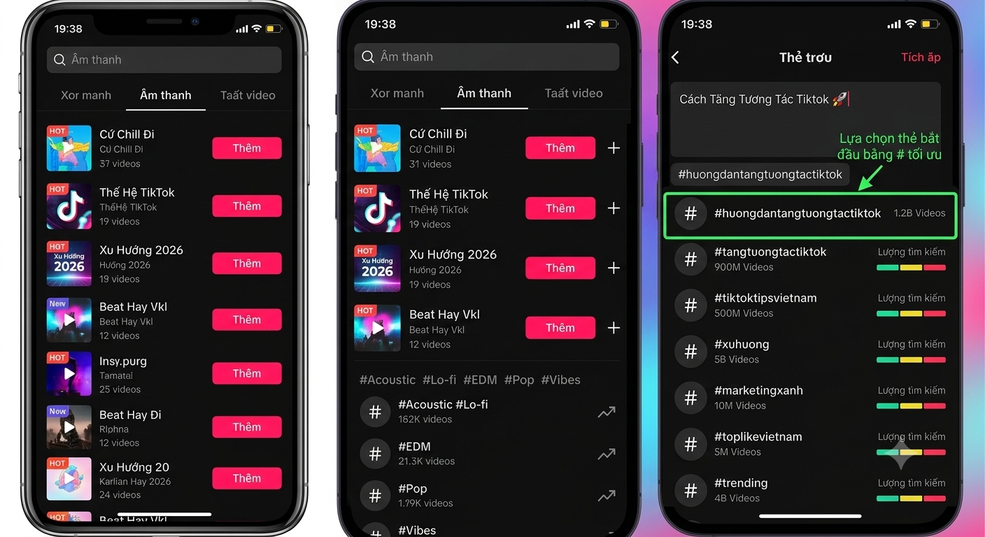 Hình 2: Sử dụng âm thanh và hashtag đúng cách là bước cơ bản trong hướng dẫn tăng tương tác tiktok.
