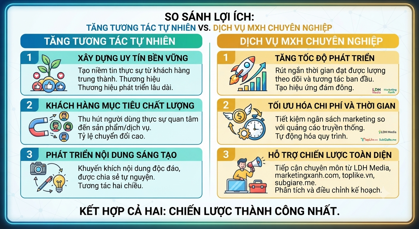 Infographic so sánh lợi ích của việc tăng tương tác tự nhiên và dịch vụ MXH chuyên nghiệp
