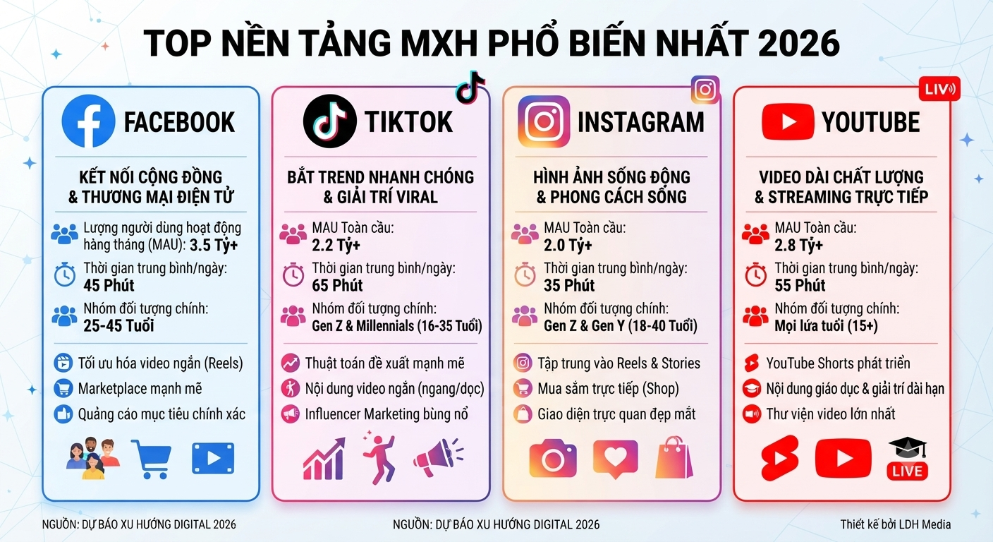 nền tảng MXH phổ biến nhất 2026: Facebook, TikTok, Instagram, YouTube